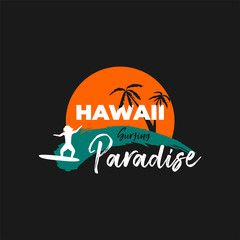 Hawaii paradise background with surfing men on abstract grahic shape blue water, orange sun, palm tree. Template for logo, icon or sign for surf board shop. Design t-shirt print. Vector illustration.
