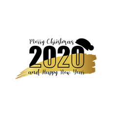 Number 2020 in black santa claus hat. Merry Christmas and Happy New Year celebration card, poster or banner template. Vector illustration of chinese new year of the rat. Calendar sign cover design.