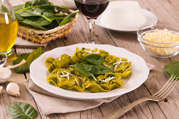 Spinach ravioli with ricotta cheese filling.