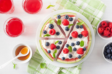 watermelon pizza slices with yogurt and berries, summer dessert