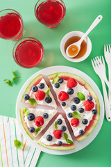 watermelon pizza slices with yogurt and berries, summer dessert