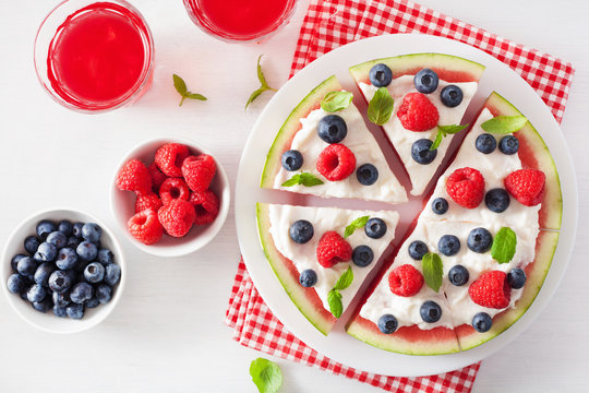 Watermelon Pizza Slices With Yogurt And Berries, Summer Dessert