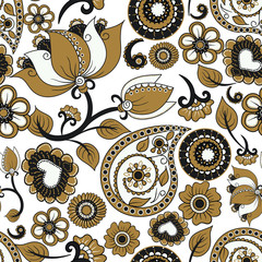 Vector seamless texture. Ethnic indian kalamkari ornament. Floral paisley decorative pattern - 270015238