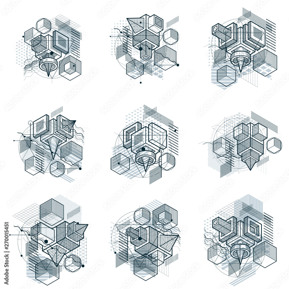 Poster abstract vector backgrounds with isometric lines and shapes. cubes, hexagons, squares, rectangles an