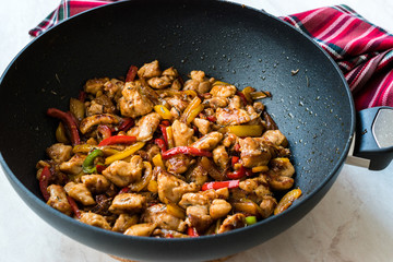Manchurian Chicken with Soy Sauce, Julienne  Vegetables in Iron Wok Pan / Asian Style Cooking