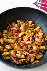 Manchurian Chicken with Soy Sauce, Julienne  Vegetables in Iron Wok Pan / Asian Style Cooking