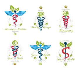 Set of Caduceus vector conceptual emblems created with snakes and green leaves. Wellness and harmony metaphor. Alternative medicine concept, phytotherapy logotypes.