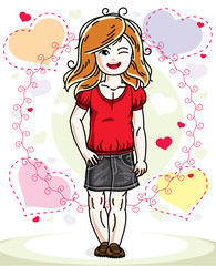 Beautiful little redhead girl wearing casual clothes and standing on colorful backdrop with loving hearts. Vector human illustration.