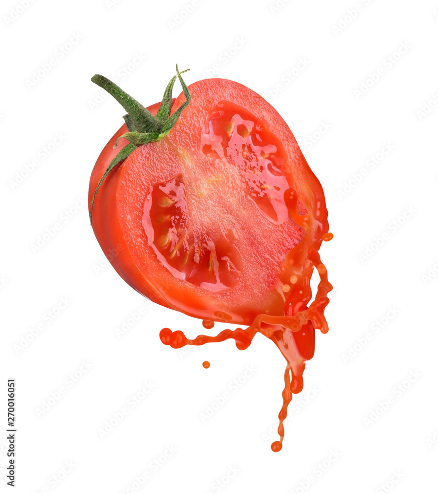 Sticker tomato with juice on a white background