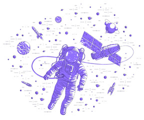 Astronaut flying in open space connected to space station, spaceman floating in weightlessness and iss spacecraft surrounded by rockets, stars and other elements. Vector illustration isolated.