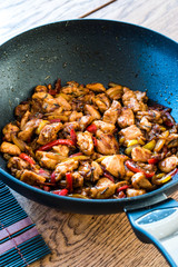 Manchurian Chicken with Soy Sauce, Julienne  Vegetables in Iron Wok Pan / Asian Style Cooking