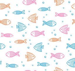 Funny fish outline pattern on white background with bubbles