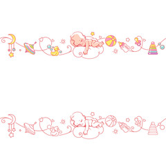 Seamless ornamental border with baby objects and toys.