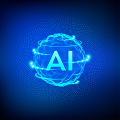 AI. Artificial Intelligence Logo. Artificial Intelligence and Machine Learning Concept. Sphere grid wave with binary code. Big data innovation technology. Neural networks. Vector illustration.