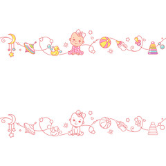 Seamless ornamental border with baby objects and toys.