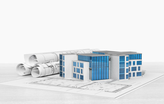 facade of new high-rise buildings located on the architectural plan. 3d illustration