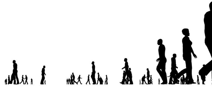 A crowd of people silhouettes are walking on a white background