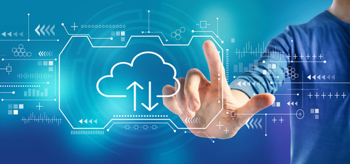 Fototapeta na wymiar Cloud computing with a man on a blue background