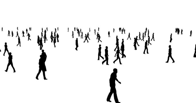A crowd of people silhouettes are walking on a white background