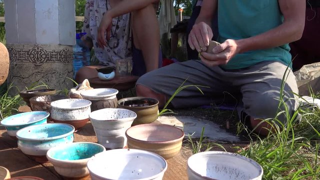 Kherson region, Ukraine - 10th of June 2018: 4K At the clay modelling workshop - Moulded ceramics and clay modelling workshop