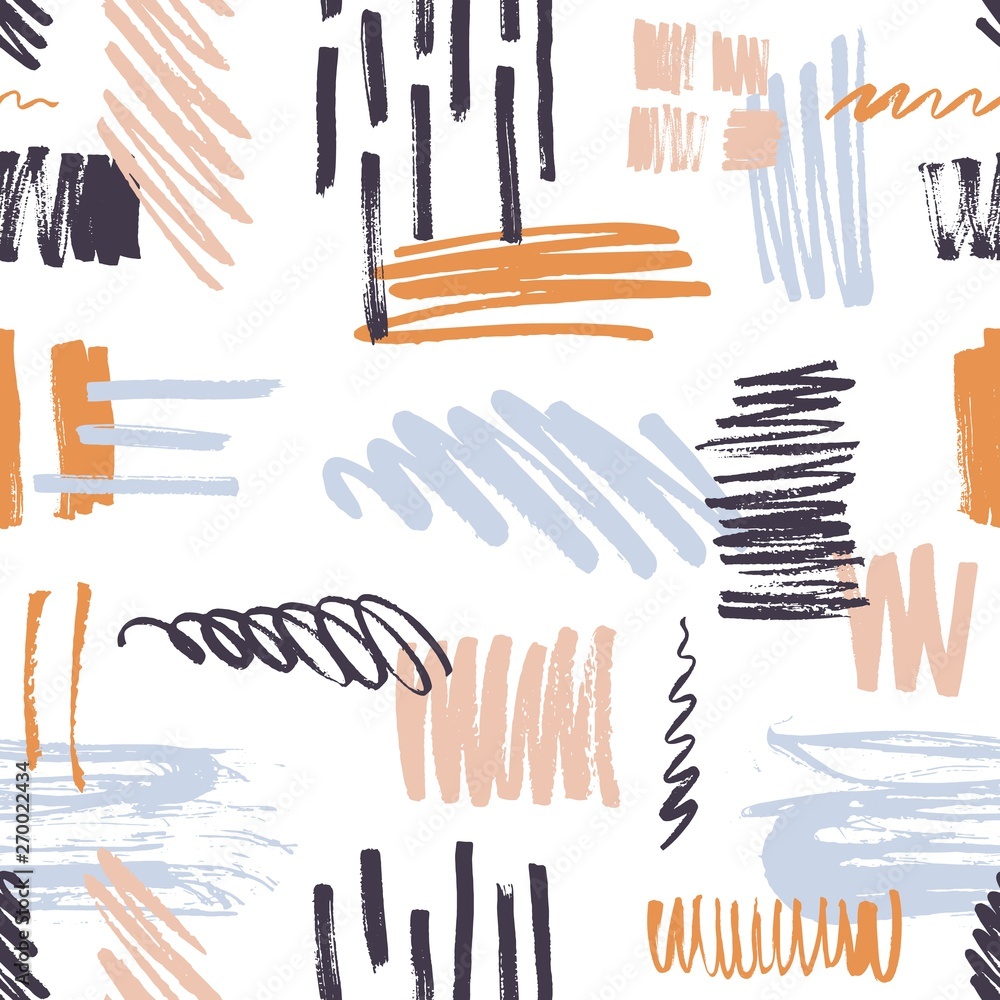 Poster Stylish seamless pattern with vivid brush strokes, scribble daub on white background. Modern backdrop with rough paint traces and stains. Cool vector illustration in grunge style for wrapping paper.