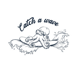 Surfing octopus ink illustration print design vector