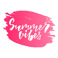 Summer vibes - handlettering text. Design print for postcard, label, logo, sign, emblem, sticker, poster, badge, clother. Vector illustration on background