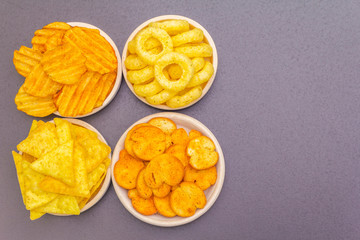 Assorted salty spiced snacks.