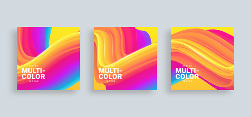 Abstract 3d vector covers set. Liquid texture, fluid gradient wave. Memphis background. Futuristic posters. Square templates for banners, brochures, flyers, posters for parties and festivals.3. Eps 10