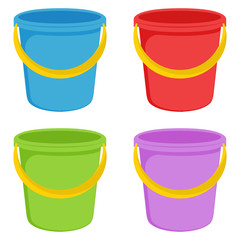 Buckets. Red, blue, green and purple plastic buckets with a yellow handle. Vector illustration. EPS 10.