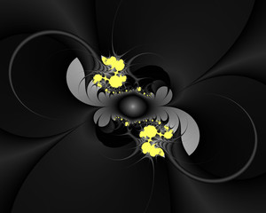 Black flower, colorful fractal, abstract leaves background