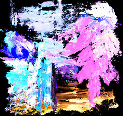 Abstract blue pink blotch on black background