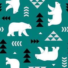 Seamless vector pattern with polar bears and geometric decoration. Perfect for textile, wallpaper or print design. 
