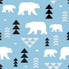 Seamless vector pattern with polar bears and geometric decoration. Perfect for textile, wallpaper or print design. 
