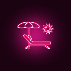 Chair and beach umbrella neon icon. Elements of turizm set. Simple icon for websites, web design, mobile app, info graphics