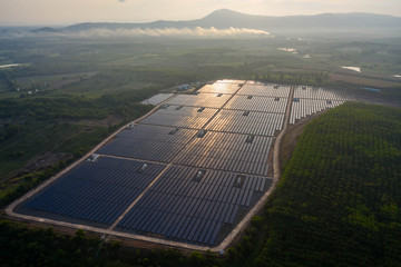 Aerial view of the solar panel farm when the sunrise and the sun shines beautifully