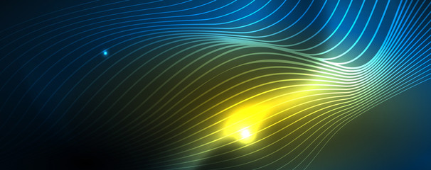 Smooth wave lines on blue neon color light background. Glowing abstract wave on dark, shiny motion, magic space light