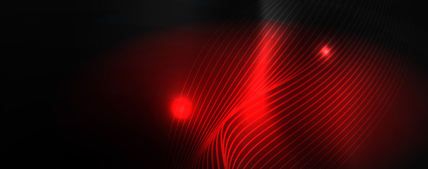 Smoky glowing waves in the dark. Dark abstract background with neon color light and wavy lines. Vector