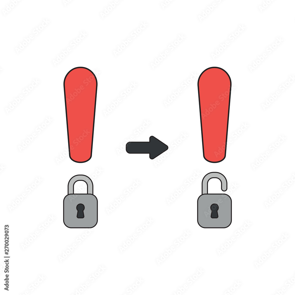 Poster vector icon concept of exclamation mark and padlock and key unlock.