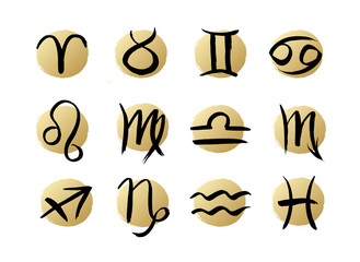 Ink drawn zodiac signs on gold circles vector