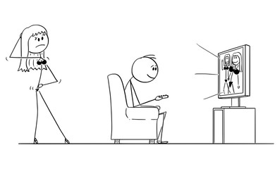 Vector cartoon stick figure drawing of man sitting in armchair and watching porn or pornography on TV or television, while sexy woman or wife in lingerie is offering him sexual intercourse or sex.