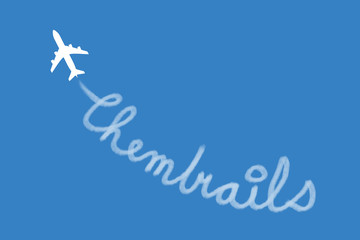 Chemtrails - flying plane is making white trails, track and trace on the sky. Conspiracy theory of chemical and biological weapon. Illustration of sky blue sky and airplane.