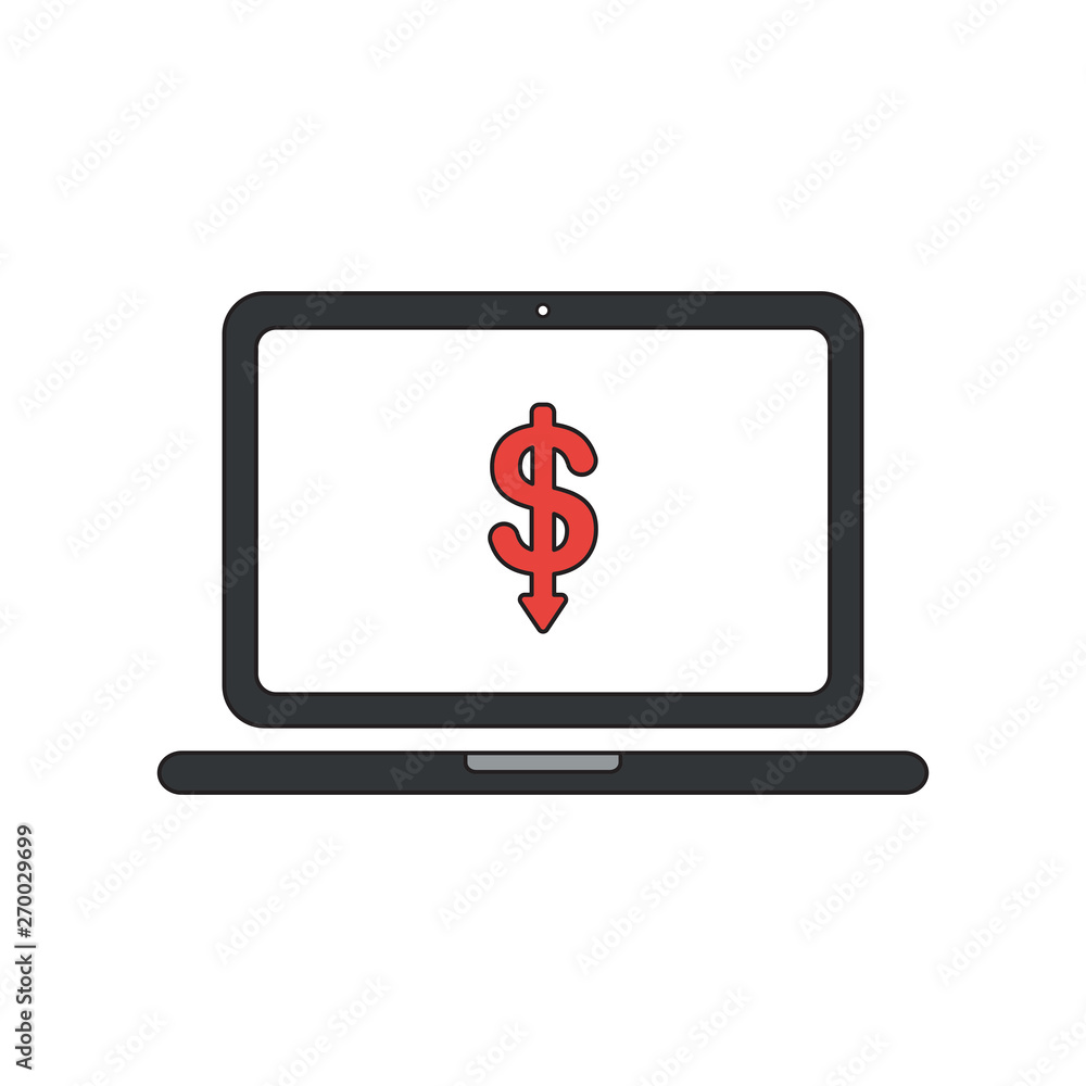 Poster vector icon concept of dollar arrow moving down inside laptop computer.