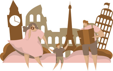 Happy Family Travel Take Photo Europe Sight. Happy Man Character in Vacation with Backpack, Camera and Map. Tourism on Urban Background Concept Flat Cartoon Vector Illustration - Wektor