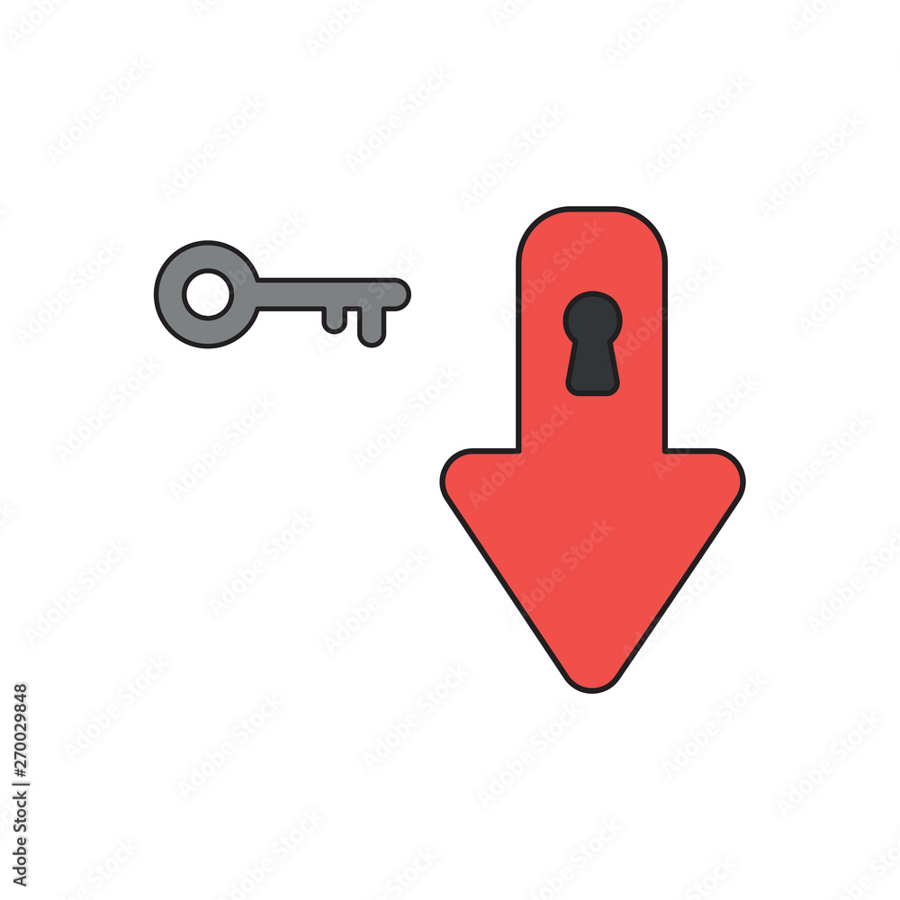 Aufkleber vector icon concept of arrow down with keyhole and key.