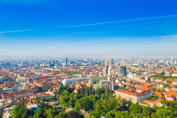 Zagreb, capital of Croatia, city center aerial view from drone, cathedral, Ribnjak park and Upper...