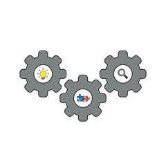 Vector icon concept of gears with light bulb, puzzle pieces and magnifying glass.