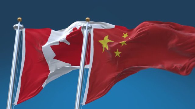 4k Seamless Canada and China Flags with blue sky background;A fully digital rendering;The animation loops at 20 seconds;CAN CA CHN CN.