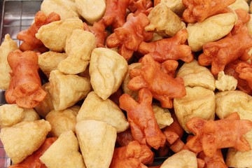 Fried meatballs and sausage at street food