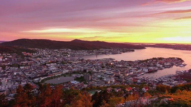 Sunset timelapse on May 17. Bergen  city view from Mount Floyen. Bergen, Norway.